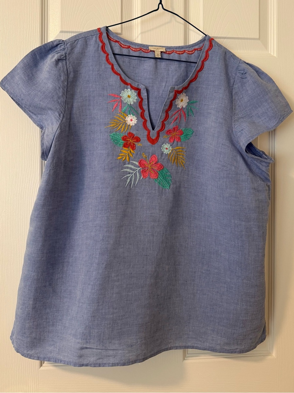 Talbots Light Blue Embroidered Linen-Blend V-Neck Tunic